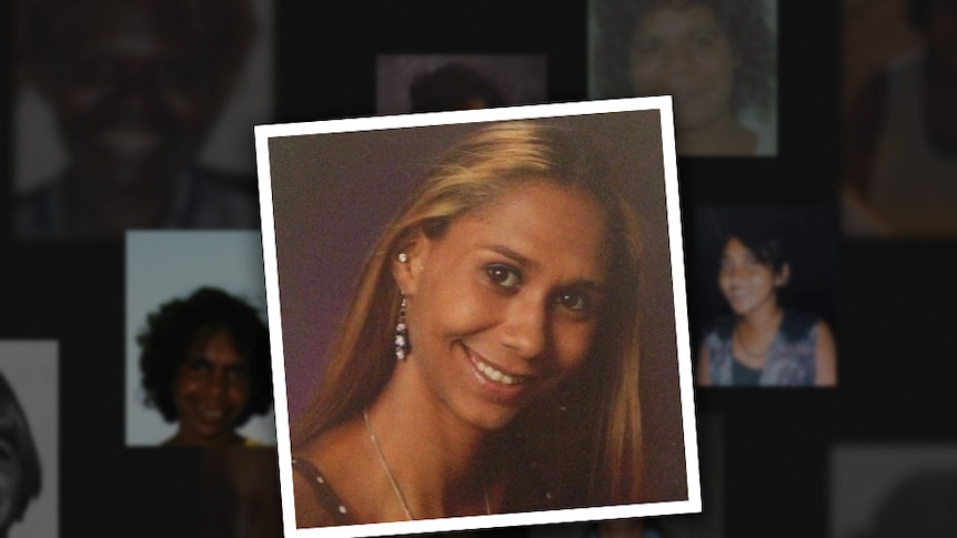 Black background with blurred photos of missing women, foreground photo of woman in her twenties with long hair, smiling.