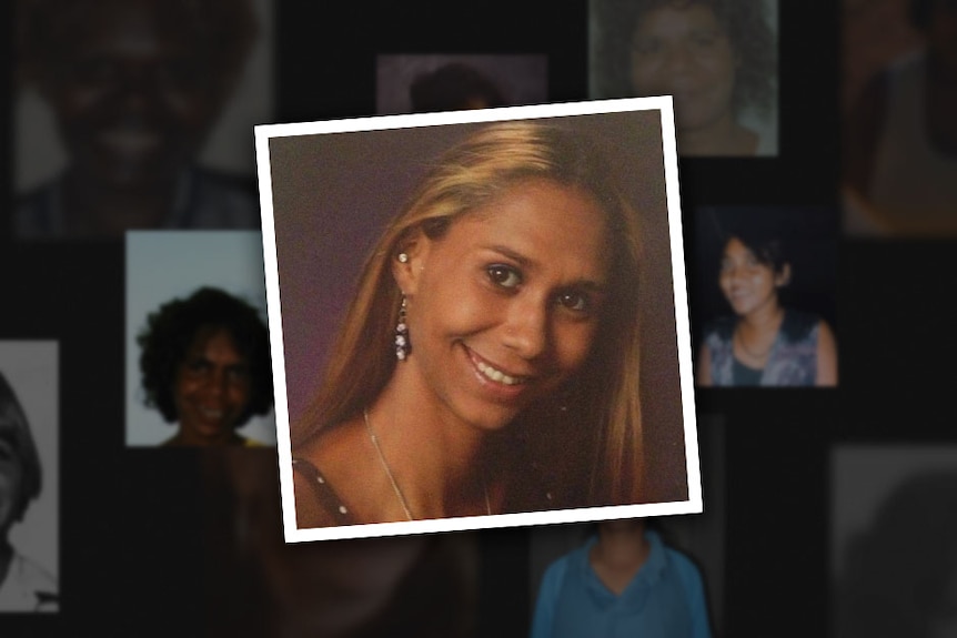 Black background with blurred photos of missing women, foreground photo of woman in her twenties with long hair, smiling.
