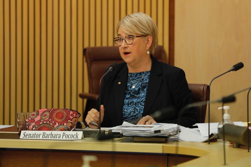 A blonde woman wearing glasses and a blue blouse with black jacket speaks into a microphone.