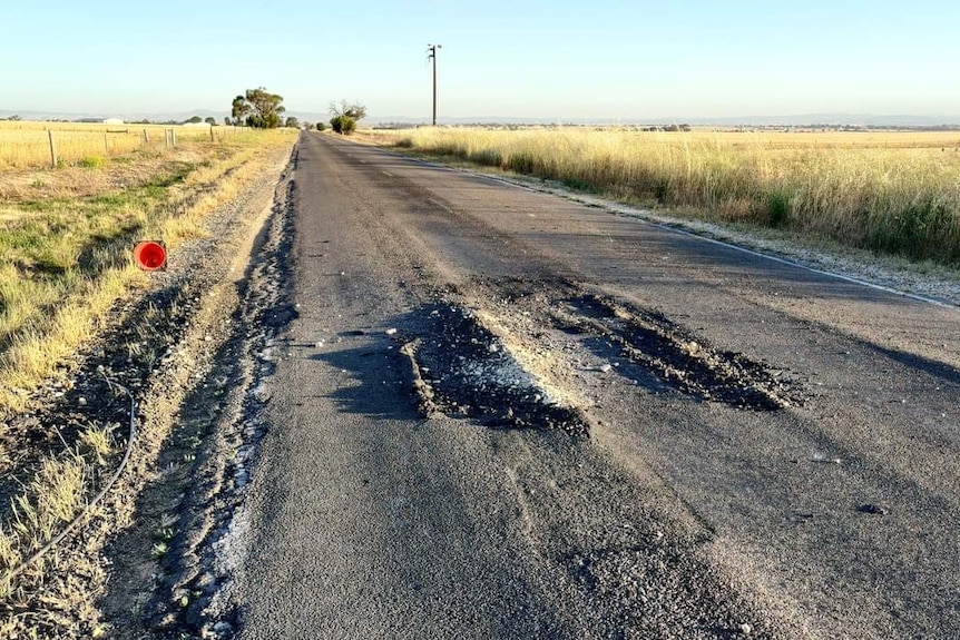 A badly damaged country road with broken asphalt and grass on road shoulders