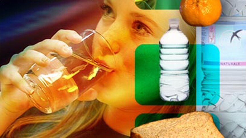 Collage of a girl drinking a glass of water, a slice of bread, plastic bottle of water and an orange.