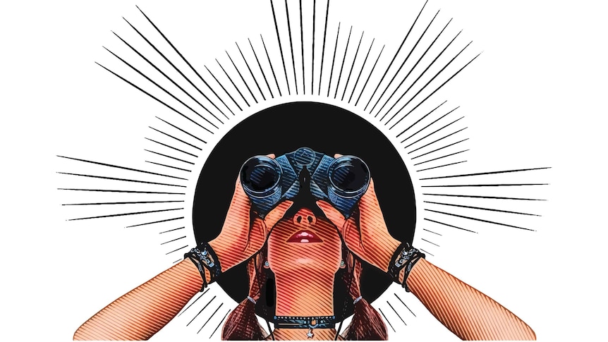 graphic of young woman looking up holding a pair of binoculars to her face. Graphic lines extend outwards giving a halo effect