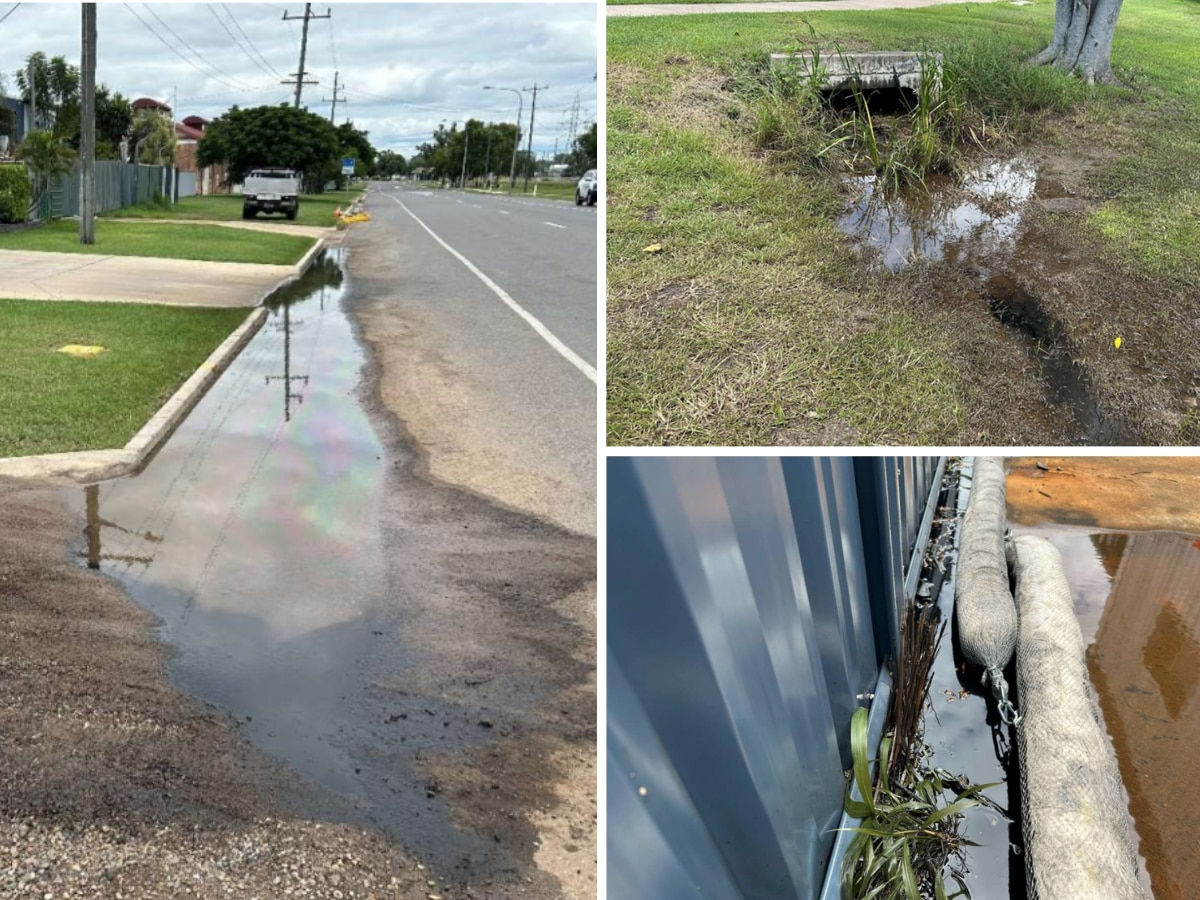 Collage of three photos, oil seeping into drains and grasses