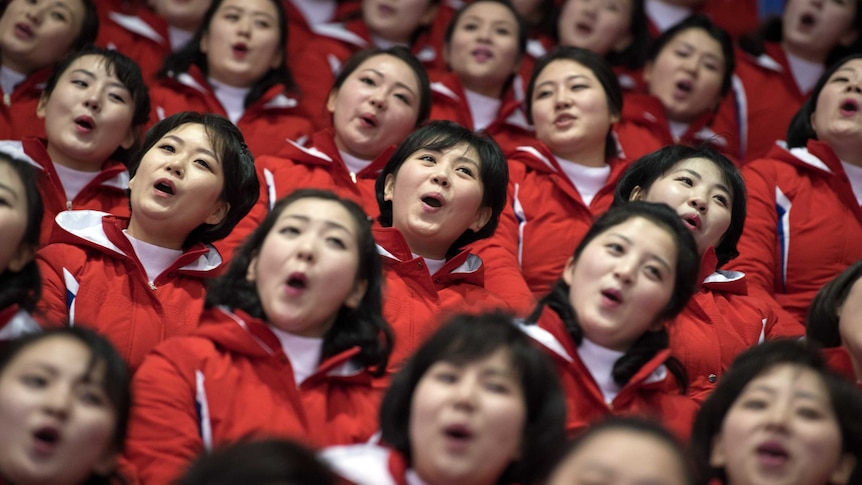 North Korean cheerleaders perform