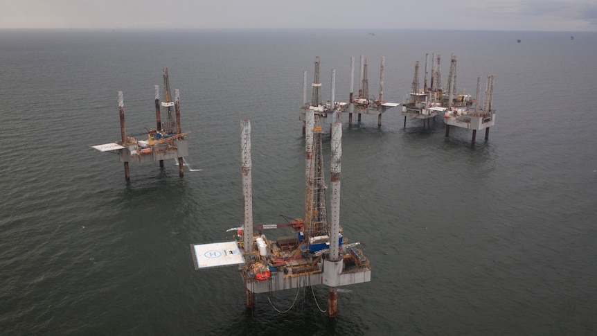 Unused oil rigs sit in the ocean.