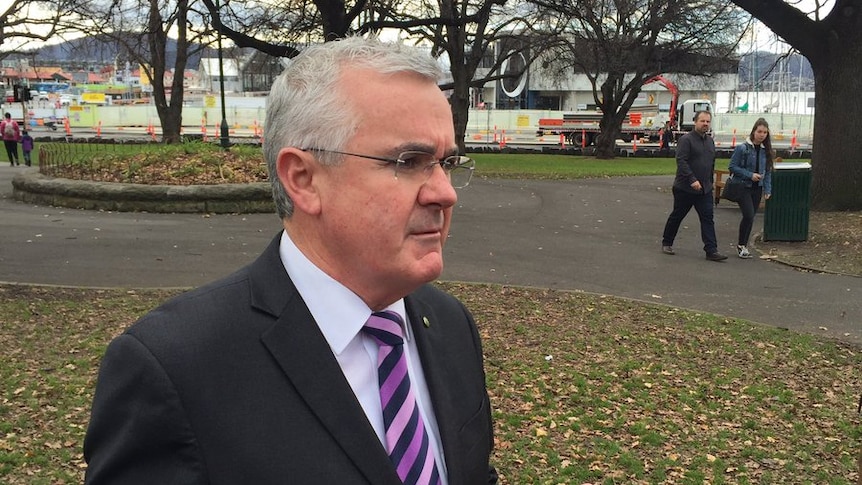 Denison Independent MP Andrew Wilkie speaks to reporters in Hobart after the 2016 federal election.