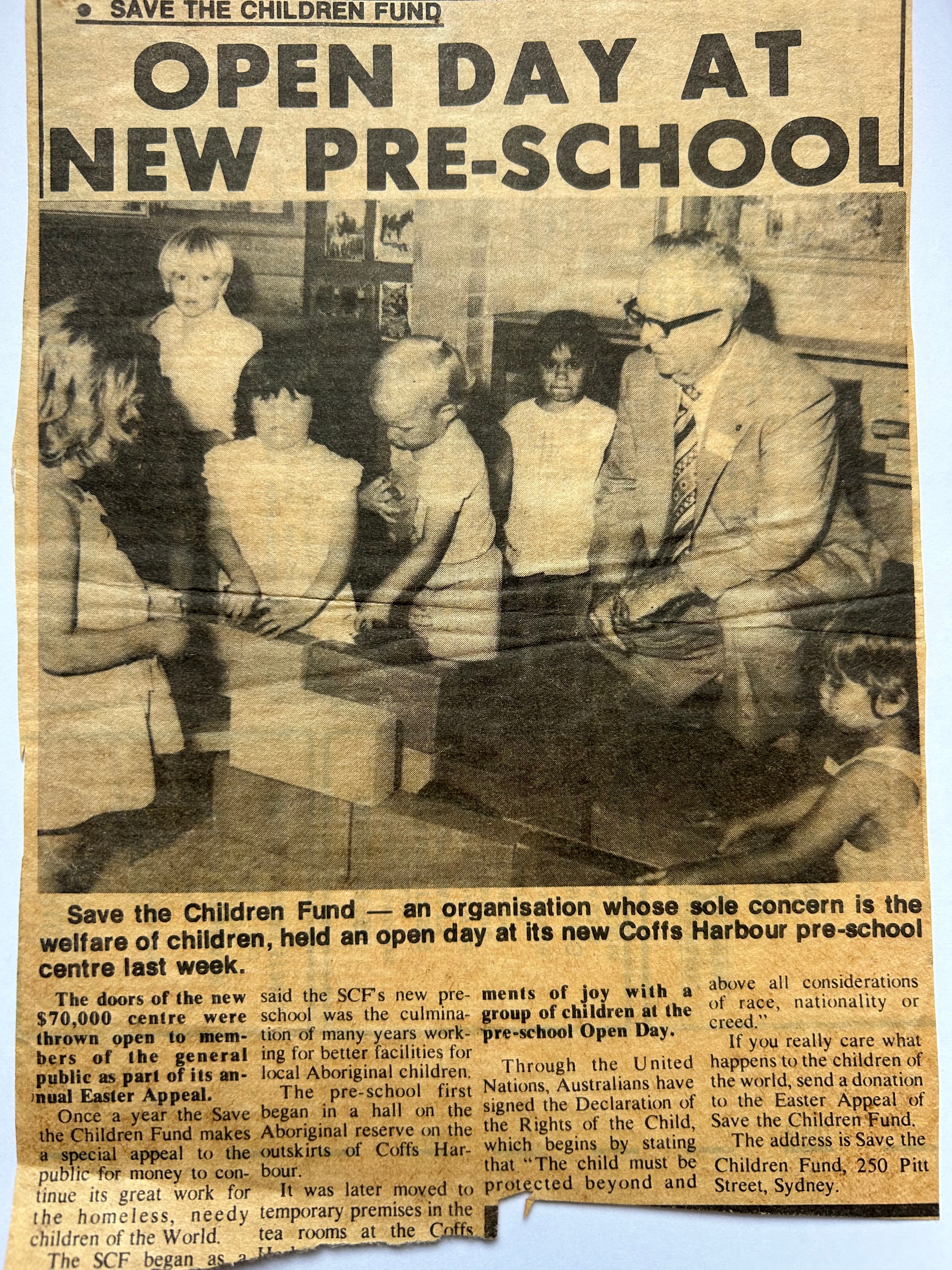 A yellowing newspaper article from the Kulai preschool Open day in 1962, when it was run by Save the Children Fund.