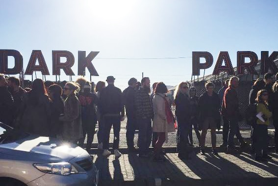 Audience members queue for Dark Mofo's Hermann Nitsch 150Action in Hobart.