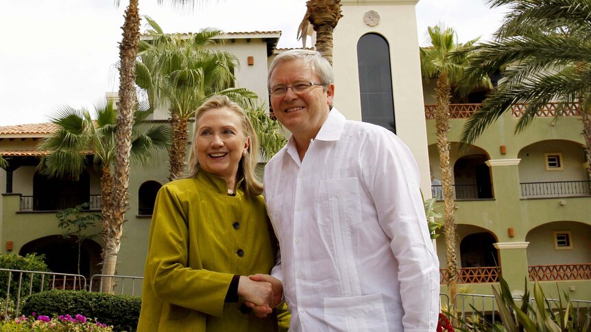 Zipping around: Kevin Rudd with Hillary Clinton at the G20 foreign ministers summit in Mexico in February.