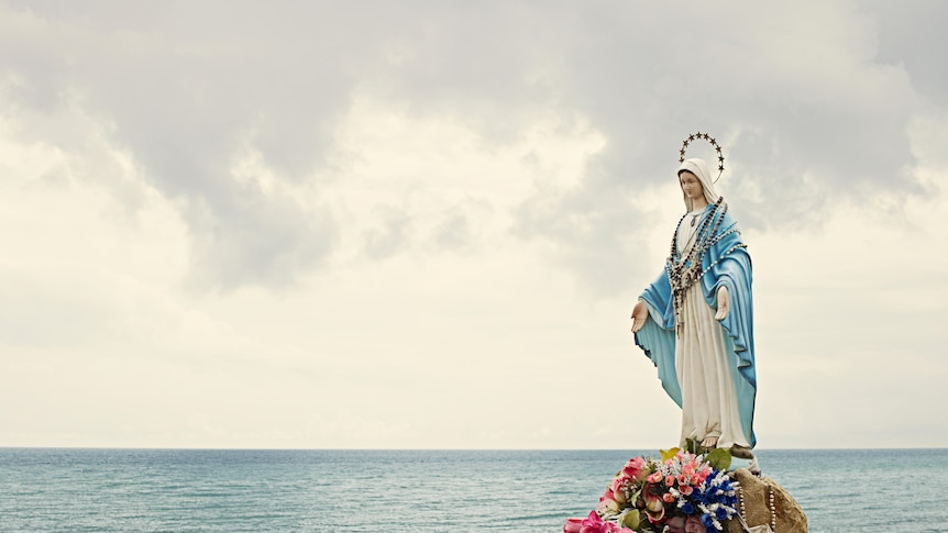 A statue of the Virgin Mary on a rock by the ocean