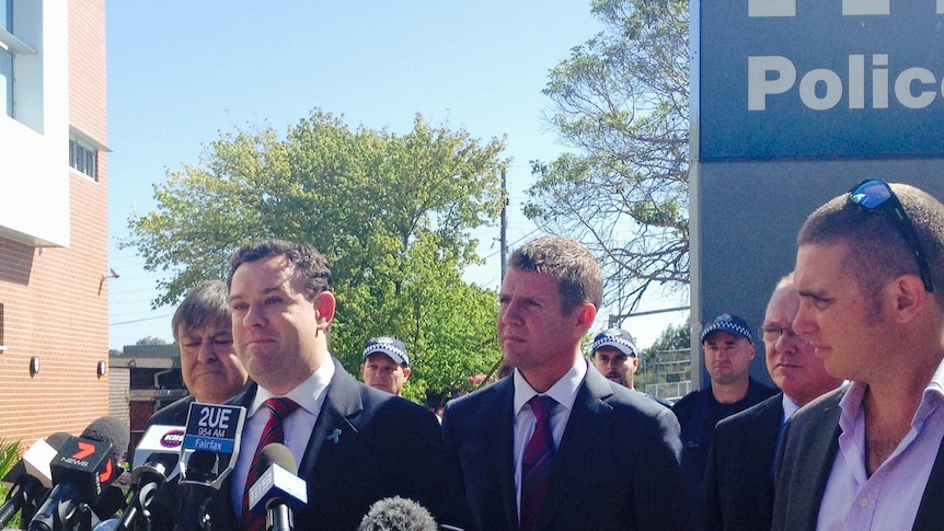 NSW Police Minister Stuart Ayres and Premier Mike Baird announcing crime prevention orders