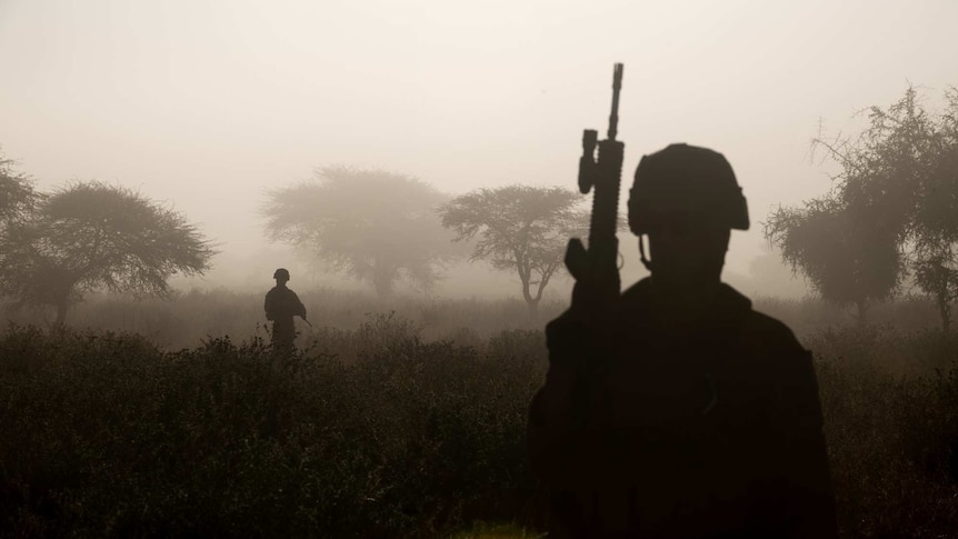 The silhouette of two soldiers holding guns and standing among trees and shrubs.