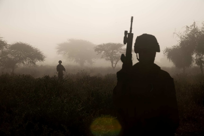 The silhouette of two soldiers holding guns and standing among trees and shrubs.