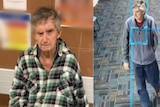 Two images of an elderly man. Right: he is looking at the camera with a serious expression. Left: from CCTV of him walking