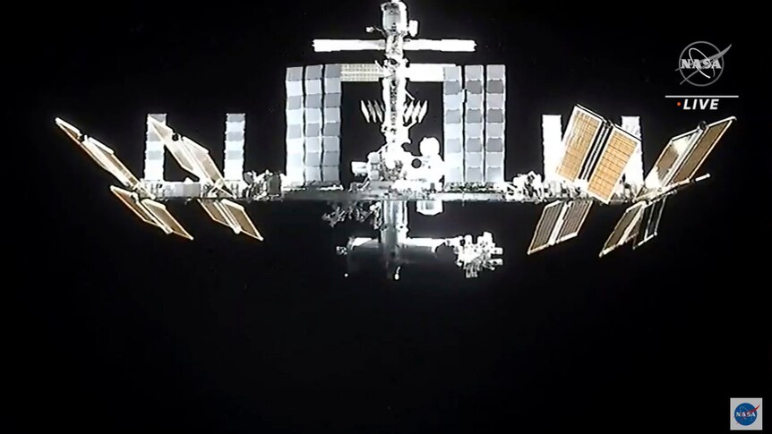 A grainy photo of the International Space Station