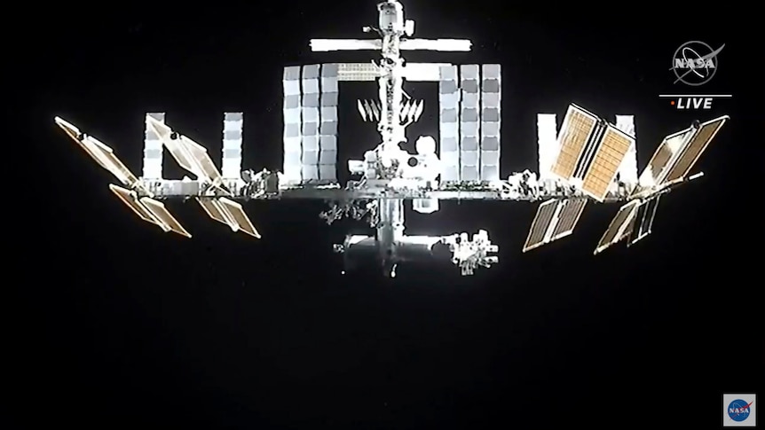 A grainy photo of the International Space Station