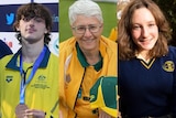 a composite image of australian swimmer alex saffy, lawn bowler cheryl lindfield and swimmer izzy vincent all smiling