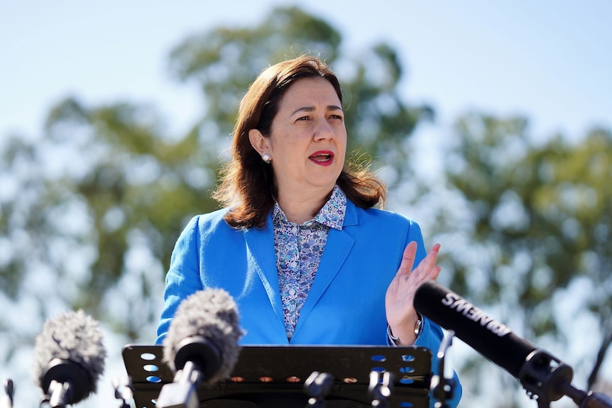 Premier Annastacia Palaszczuk stands in front of microphones giving a press conference