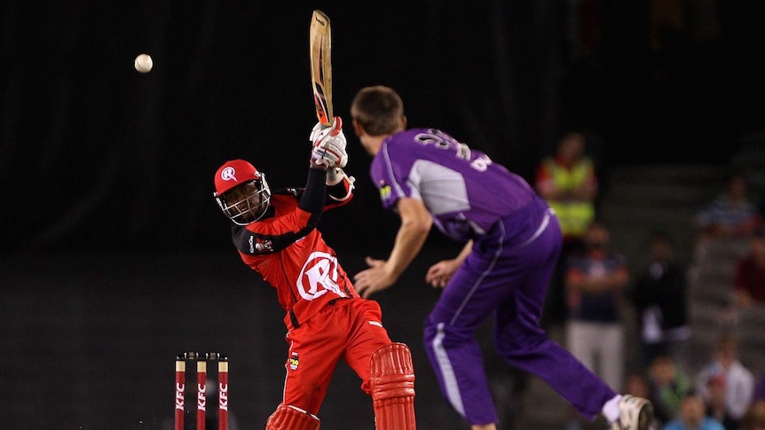 Marlon Samuels blasts the bowling for the Melbourne Renegades against the Hobart Hurricanes.