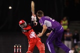 Marlon Samuels blasts the bowling for the Melbourne Renegades against the Hobart Hurricanes.