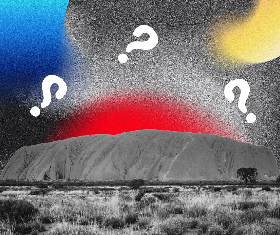 Uluru with question marks super imposed over it, clolourful splashes around in the sky. 