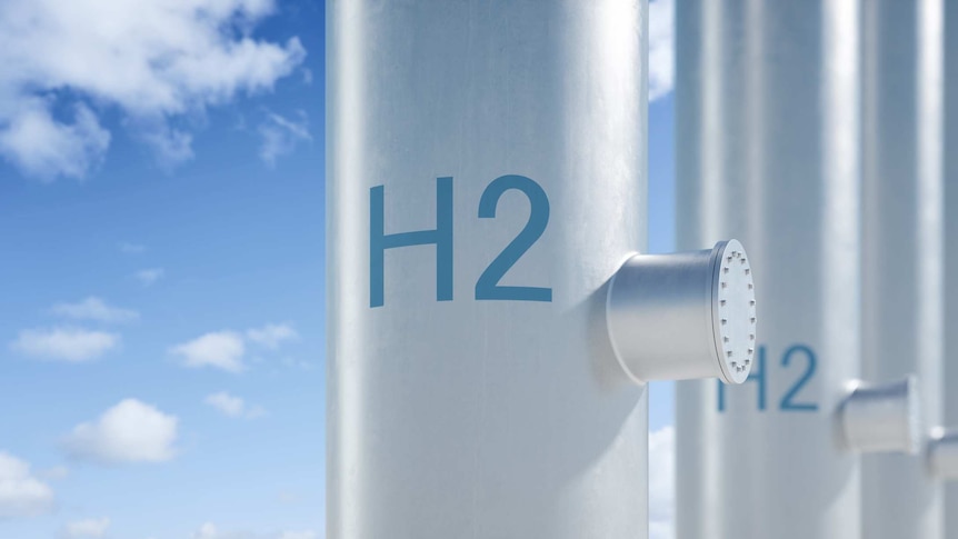 A giant hydrogen tube with a blue sky background