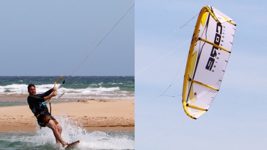 Sydney resident Andrew Thyrd is kiteboarding at Durras NSW.