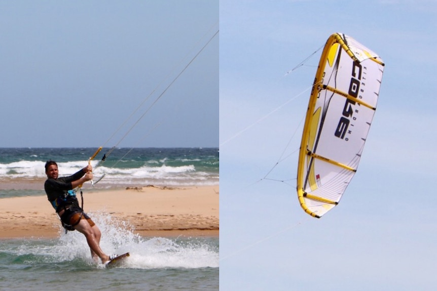 Sydney resident Andrew Thyrd is kiteboarding at Durras NSW.