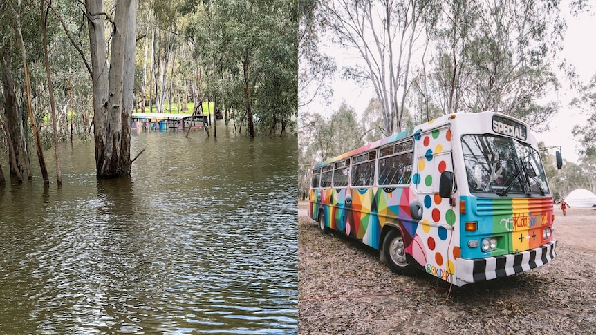 A composite image of a bus underwater on the left, and the same bus on dry land on the right.