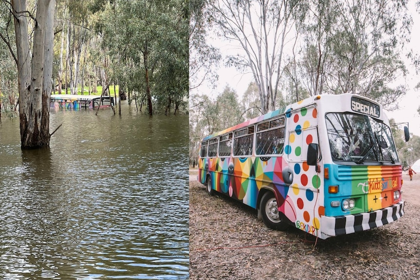 a bus in the bus and the same bus under water