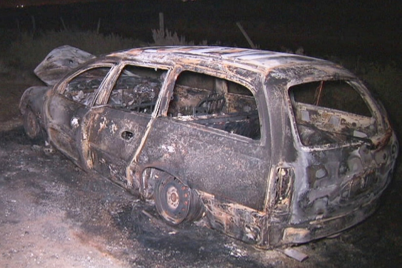 A burnt out car at Waterloo Corner