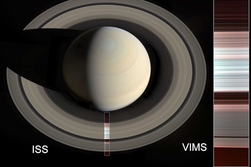 An image of Saturn's rings with spectral map