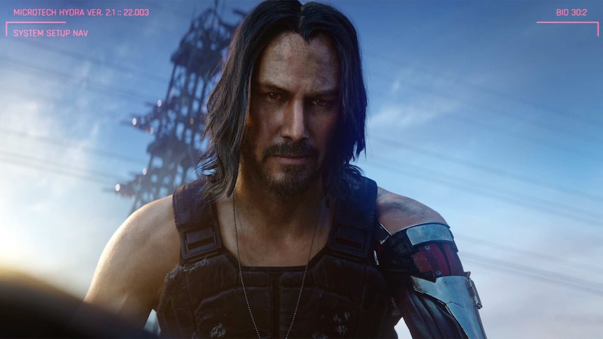 A scene from a video game depicting Keanu Reeves