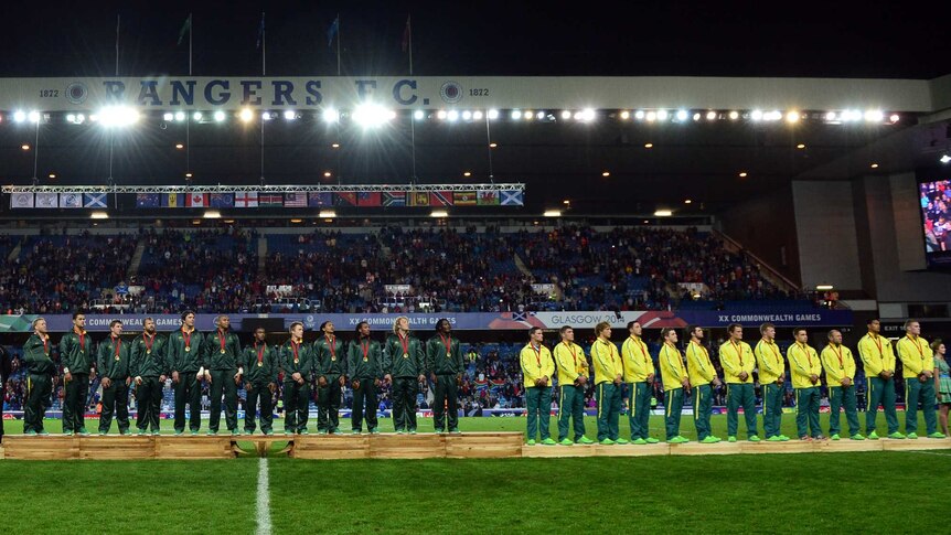 South Africa, New Zealand, Australia on the rugby sevens podium