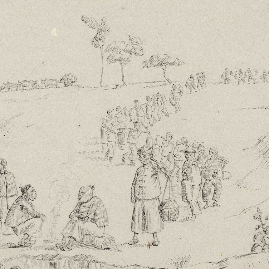 A pencil drawing by Charles Lyall shows Chinese miners in 1854.