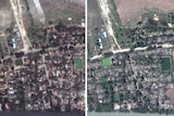 Satellite images side-by-side show the village of Gu Dar Pyin in Myanmar before and after destruction.