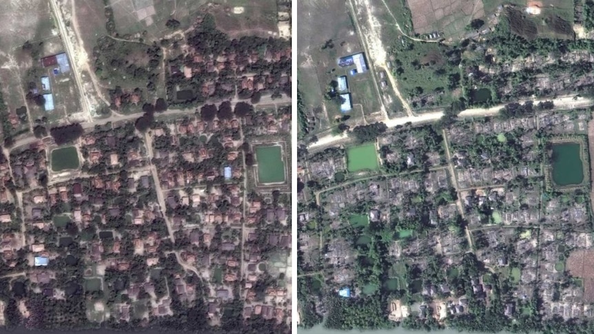 Satellite images side-by-side show the village of Gu Dar Pyin in Myanmar before and after destruction.