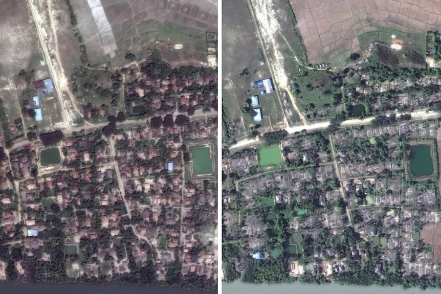 Satellite images side-by-side show the village of Gu Dar Pyin in Myanmar before and after destruction.