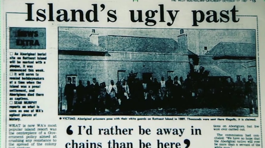 A newspaper headline that reads "Island's ugly past"