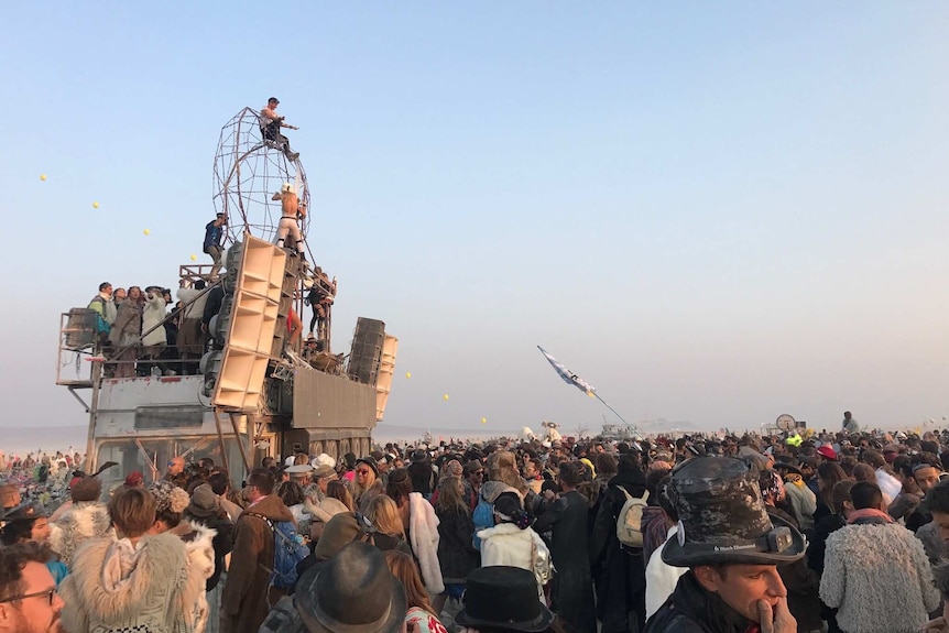 Crowd of revellers at the Burning Man festival held in the Black Rock Desert in the US state of Nevada in 2017.