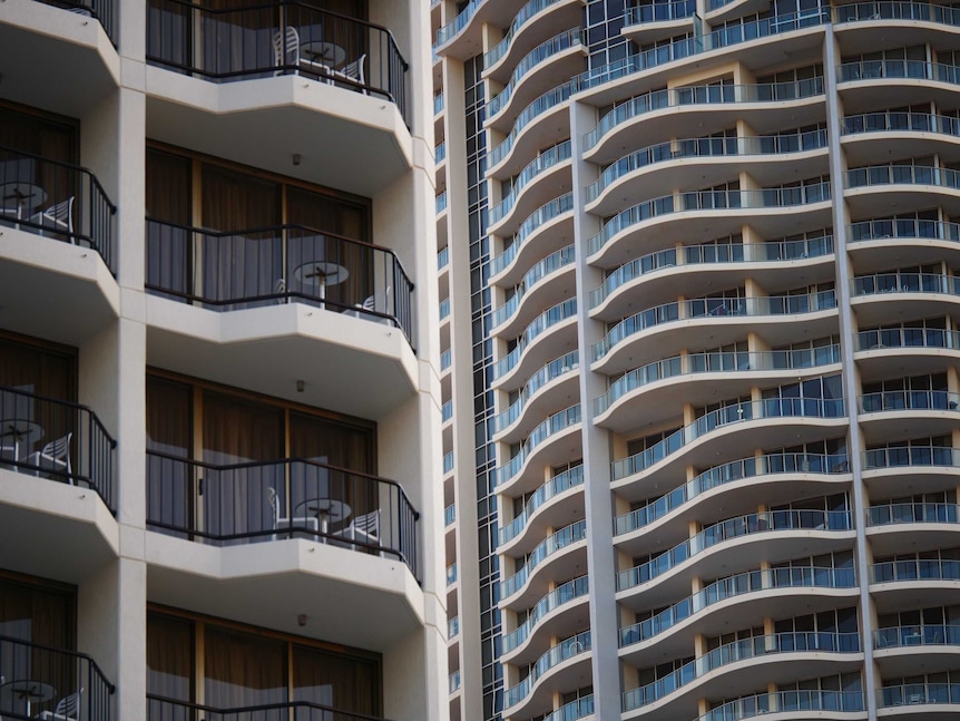 Empty balconies at Surfers Paradise apartment blocks
