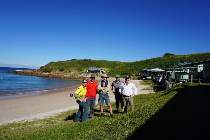 A group of five people stand on the shore of an island.