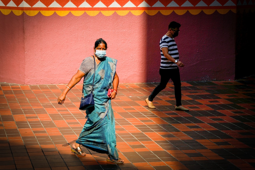 An Indian woman in a sari and a blue face mask walks past a pink wall 