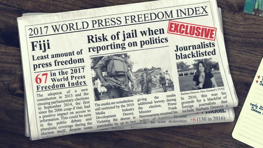A graphic of a newspaper with the headline 'Fiji - Least amount of press freedom