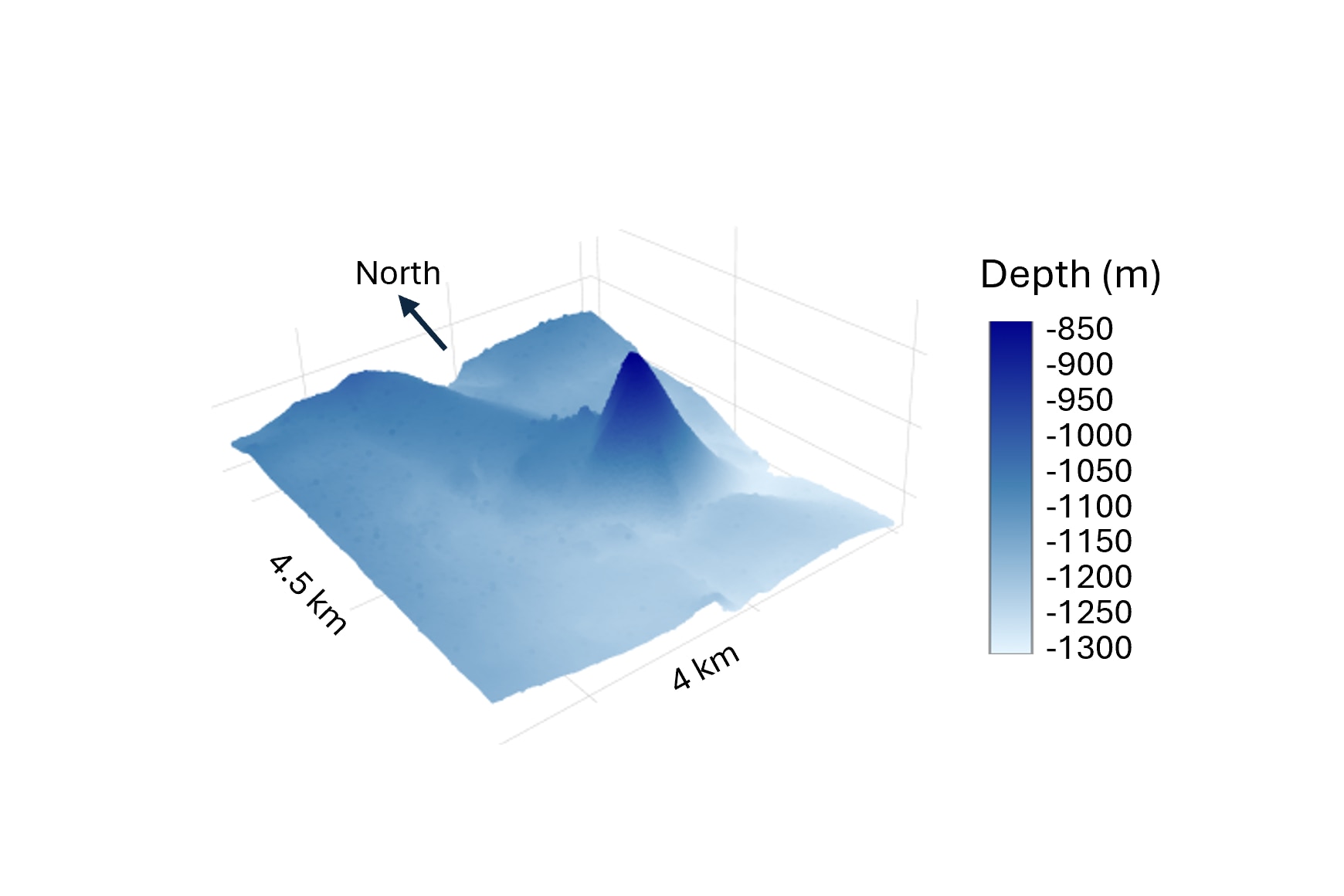 A 4 by 4.5 kilometre computer render of the underwater terrain at Patience Seamount including a pointy peak and ridge.