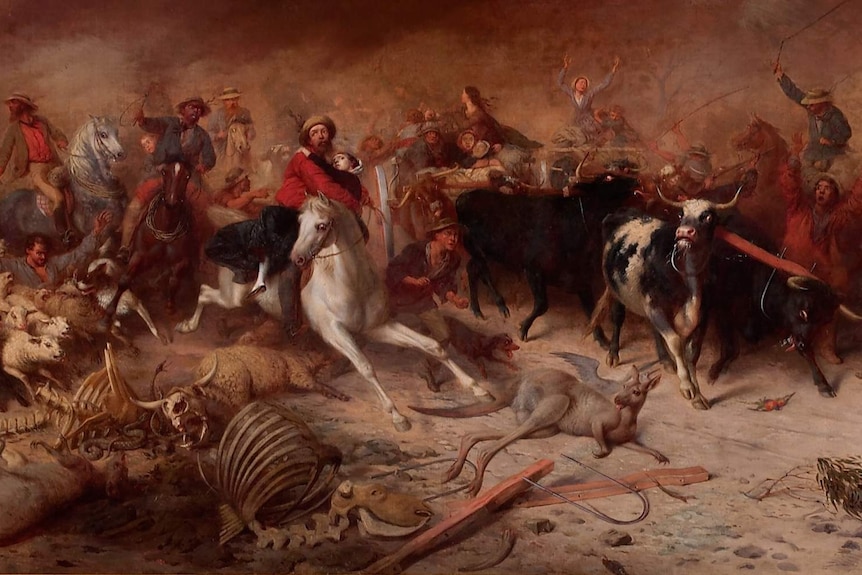 A painting depicting the Black Thursday bushfires of 1851 shows chaotic scenes of horses and dead livestock.