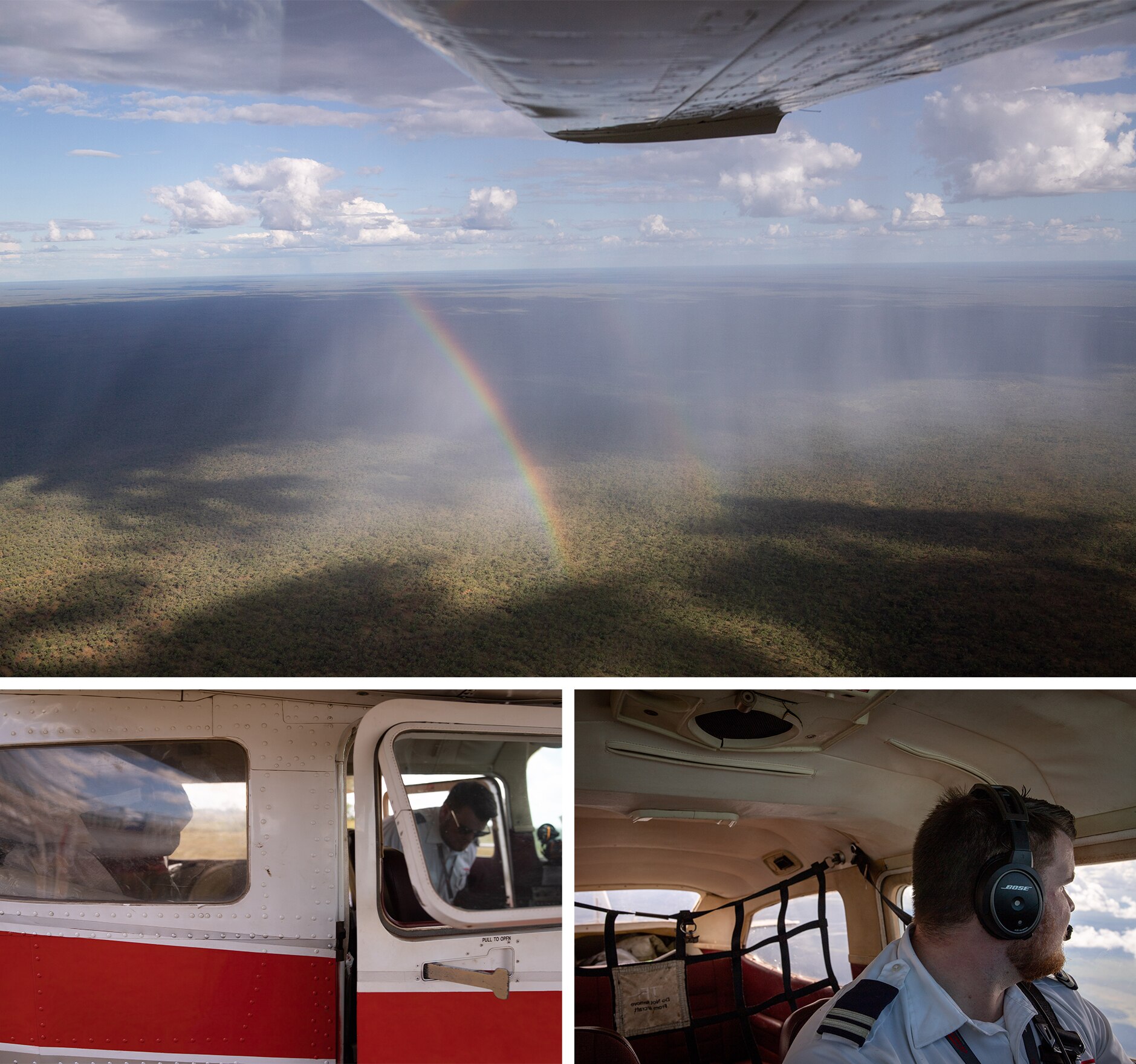 A grid of three photos showing a rainbow over vast outback landscapes and pilot Jordan Griffin in the cockpit of a small plane.