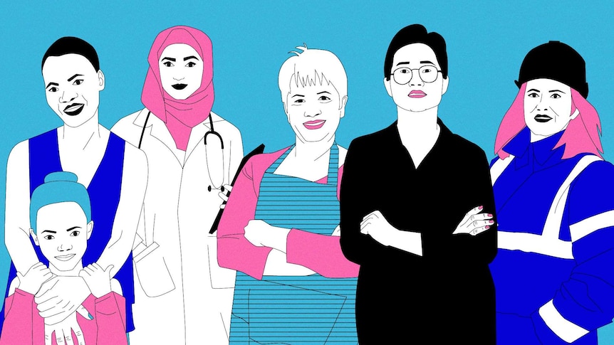 Illustration of a group of six women of different ethnicities and ages including a doctor, construction worker and hairdresser