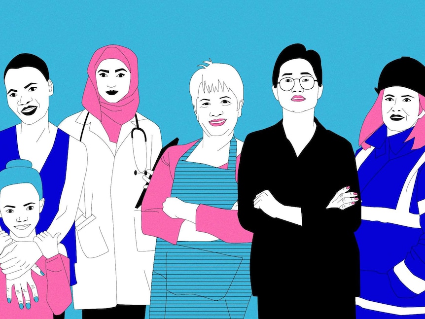 Illustration of a group of six women of different ethnicities and ages including a doctor, construction worker and hairdresser