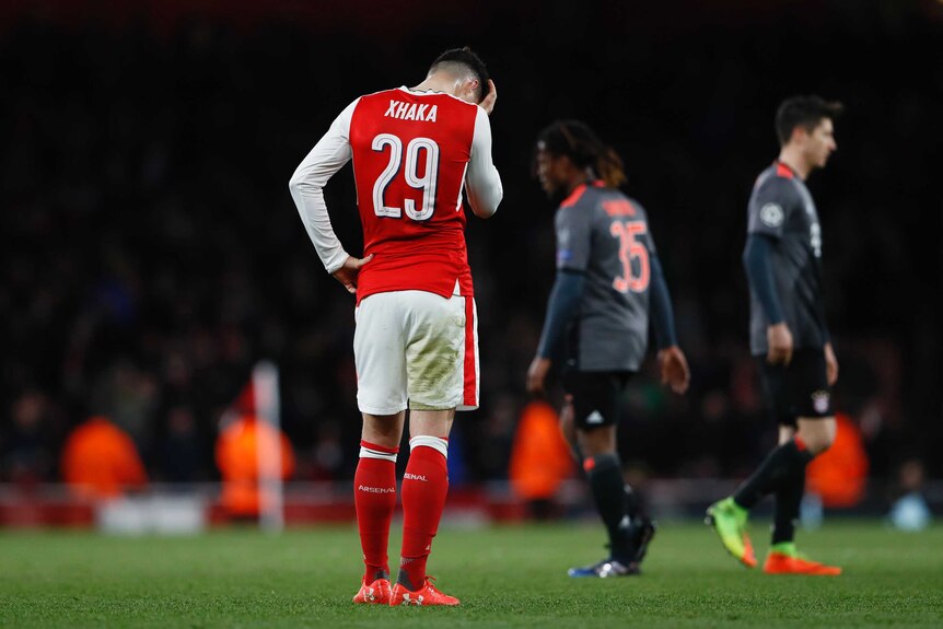 Arsenal's Granit Xhaka shows his dejection after the loss to Bayern Munich.